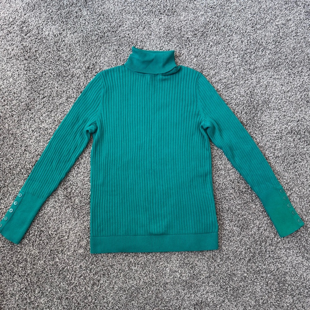 New Talbots Turtleneck Sweater Women M Green Holiday Knit Button Capsule Classic